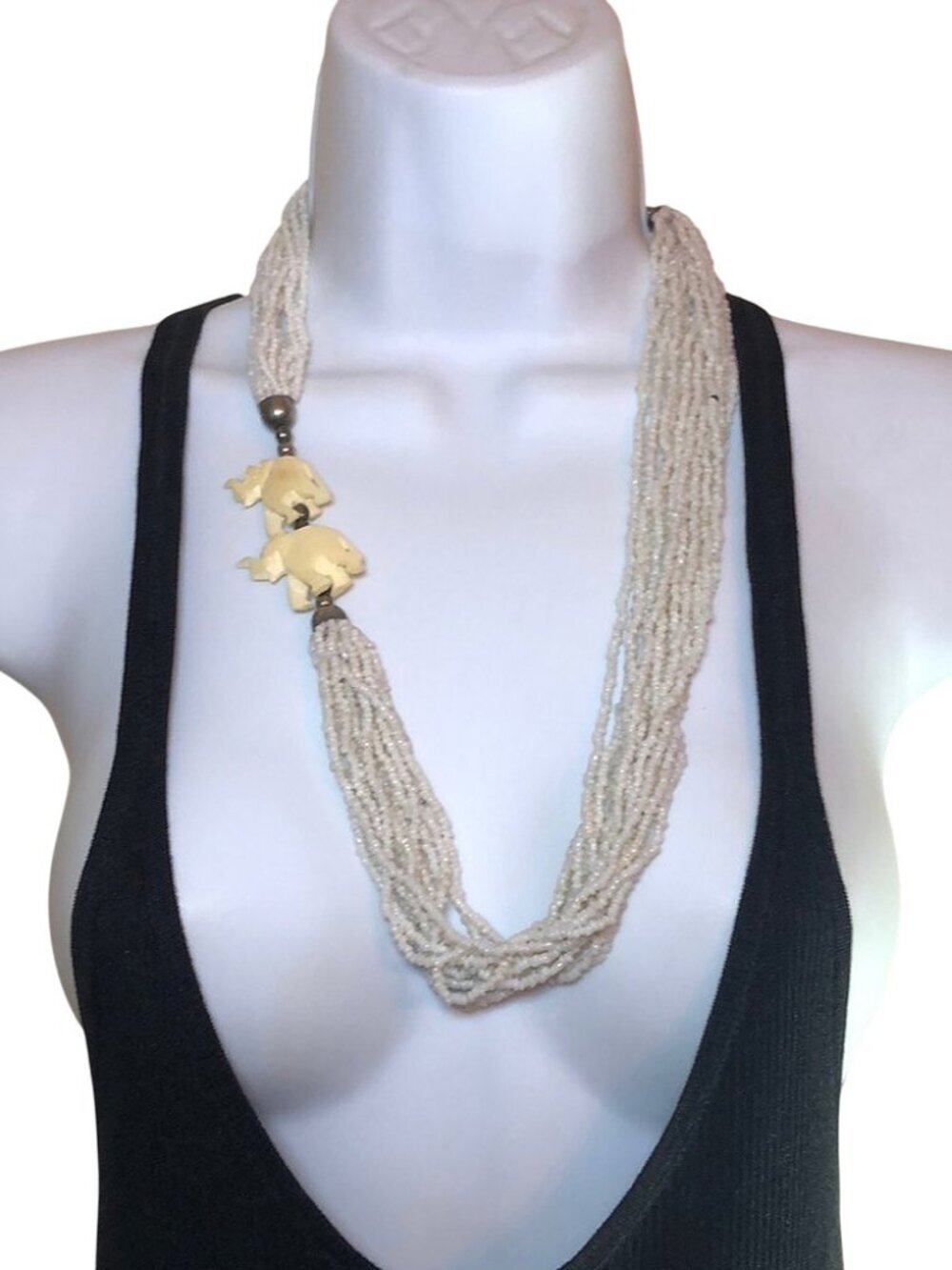Vintage artisan seed beads & carved elephants necklace-statement style exotic.